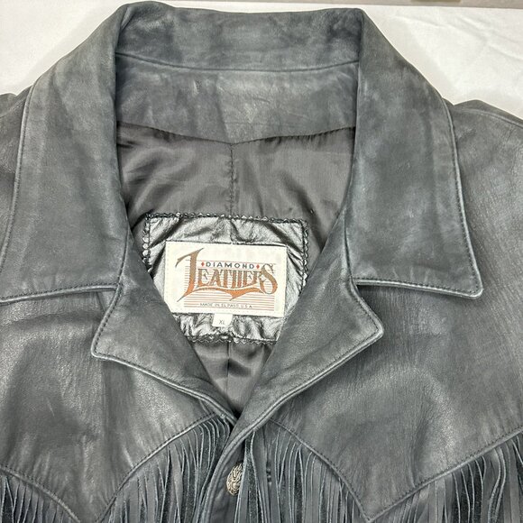 Vintage DIAMOND LEATHERS black fringe motorcycle coat - Picture 3 of 9